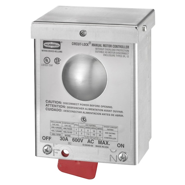 Switches and Lighting Controls, Industrial Grade, Toggle Switches, Motor Disconnects, Three Pole, 30A 600V AC Aluminum, NEMA 3R Enclosure